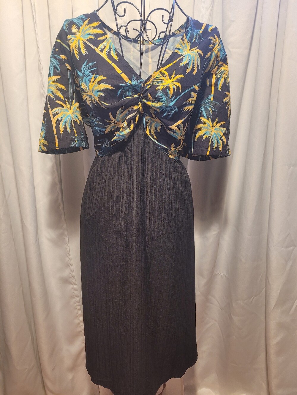 Tropical Print Knot-Front Midi Dress in Black and Yellow